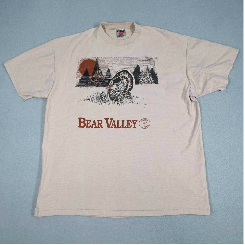 VTG Oneita Shirt Men XL Beige Bear Valley Turkey Graphic Outdoors Made in USA